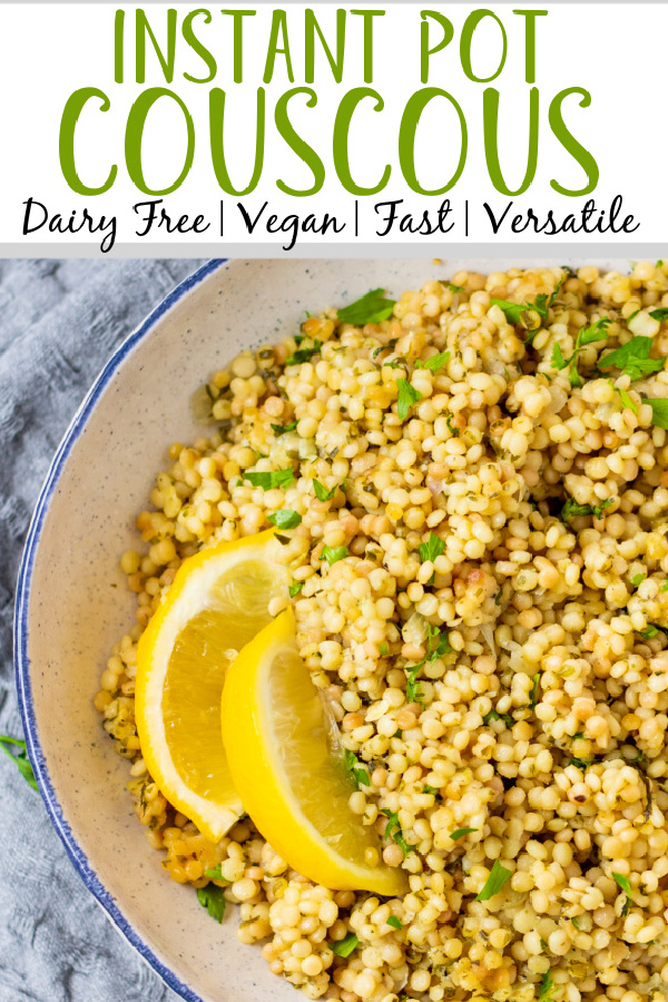 Instant Pot couscous is the best choice for getting an easy side onto your table. This recipe is both dairy free and vegan and is ready in about 15 minutes so it's super quick. Use this recipe as a standalone side for dinner or in any scenario where you'd want a bed of pasta to top with your favorite sauce, salad or recipe. #couscous #pressurecookerrecipes #veganrecipes #dairyfreerecipes #healthypastarecipes #healthyrecipes