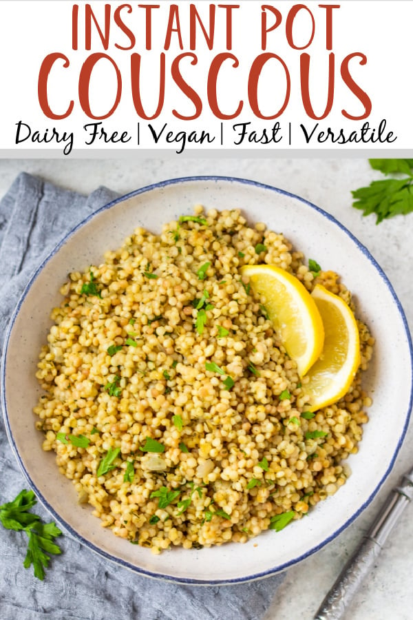 Instant Pot couscous is the best choice for getting an easy side onto your table. This recipe is both dairy free and vegan and is ready in about 15 minutes so it's super quick. Use this recipe as a standalone side for dinner or in any scenario where you'd want a bed of pasta to top with your favorite sauce, salad or recipe. #couscous #pressurecookerrecipes #veganrecipes #dairyfreerecipes #healthypastarecipes #healthyrecipes