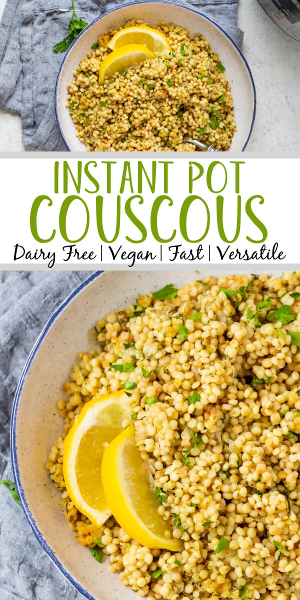 Instant Pot couscous is the best choice for getting an easy side onto your table. This recipe is both dairy free and vegan and is ready in about 15 minutes so it's super quick. Use this recipe as a standalone side for dinner or in any scenario where you'd want a bed of pasta to top with your favorite sauce, salad or recipe. #couscous #pressurecookerrecipes #veganrecipes #dairyfreerecipes #healthypastarecipes #healthyrecipes