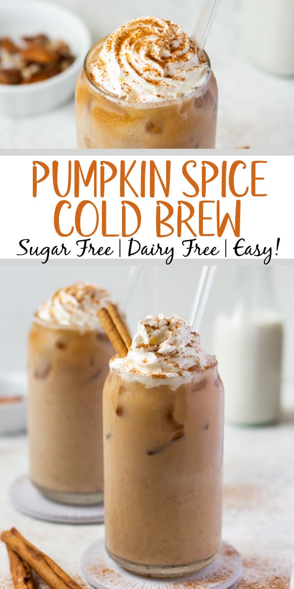 Homemade pumpkin spice cold brew is so easy to make right in your own kitchen. With only 5 ingredients and 5 minutes, you don't need much to make a Starbucks copy cat that's perfect for fall. With the combination of pumpkin spice, pumpkin puree and cold brew, it's easy to make sugar free and dairy free by using any milk you prefer! Double the batch and enjoy this pumpkin spice coffee drink all autumn! #pumpkinspicecoffee #pumpkinspicecoldbrew #falldrinks #pumpkindrinks