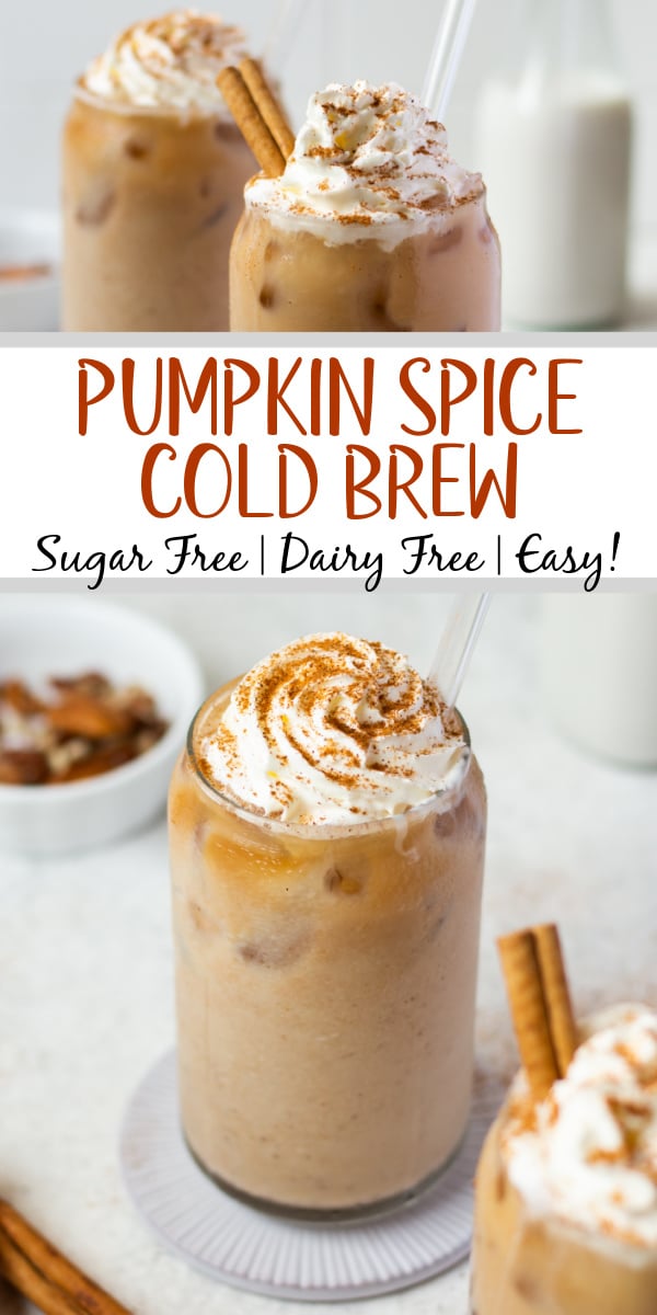 Homemade pumpkin spice cold brew is so easy to make right in your own kitchen. With only 5 ingredients and 5 minutes, you don't need much to make a Starbucks copy cat that's perfect for fall. With the combination of pumpkin spice, pumpkin puree and cold brew, it's easy to make sugar free and dairy free by using any milk you prefer! Double the batch and enjoy this pumpkin spice coffee drink all autumn! #pumpkinspicecoffee #pumpkinspicecoldbrew #falldrinks #pumpkindrinks