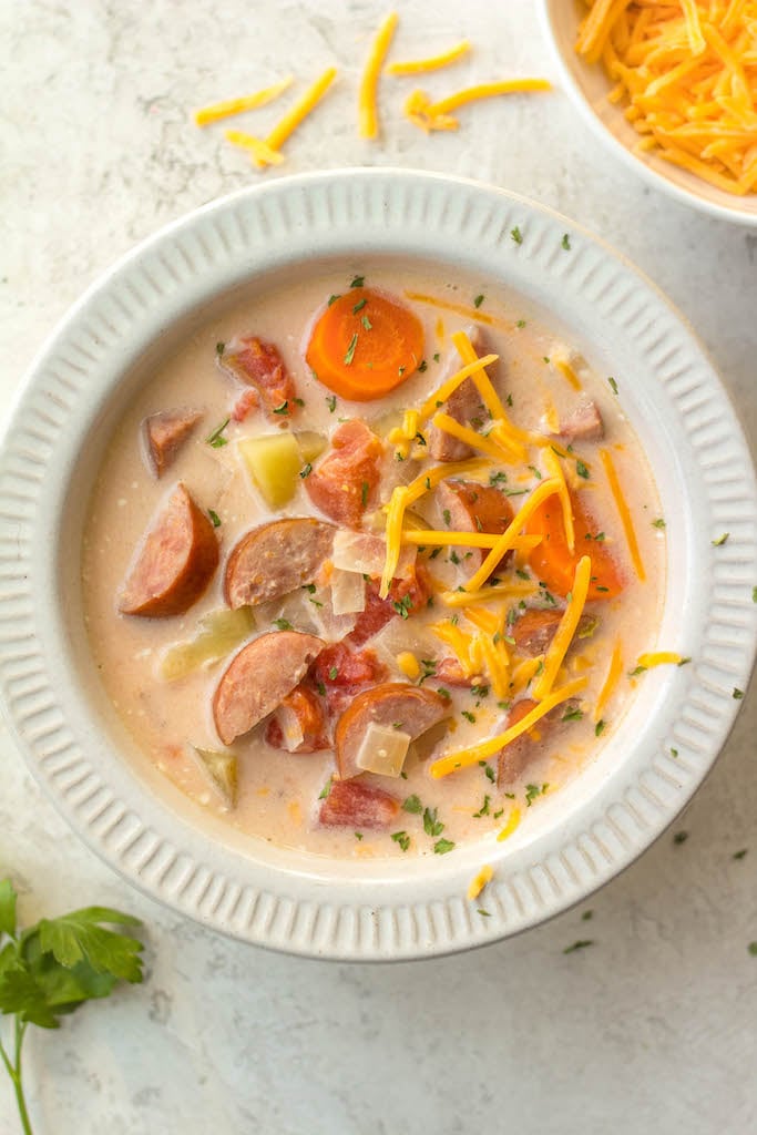 Slow Cooker Cheesy Kielbasa Soup (Gluten Free)