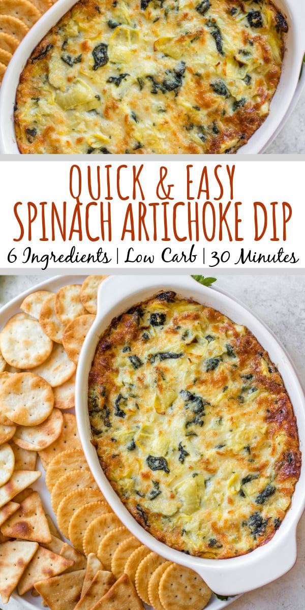 This easy spinach artichoke dip is perfectly rich and cheesy, full of delicious artichokes and spinach and is always a hit with any crowd at a party, holiday or gathering. It's an appetizer that takes very little hands on time, only 6 ingredients and baked in a half hour. This version is made with mayo for added creamy texture and keeps it gluten free, low carb and keto! #spinachartichokedip #holidayappetizer #lowcarbrecipes #lowcarbdip #spinachdip #artichokedip