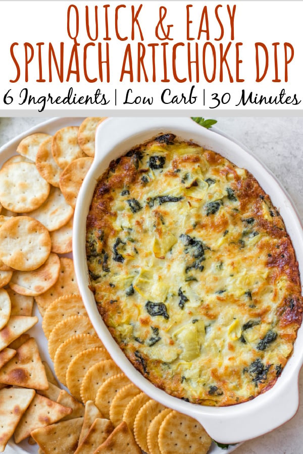 This easy spinach artichoke dip is perfectly rich and cheesy, full of delicious artichokes and spinach and is always a hit with any crowd at a party, holiday or gathering. It's an appetizer that takes very little hands on time, only 6 ingredients and baked in a half hour. This version is made with mayo for added creamy texture and keeps it gluten free, low carb and keto! #spinachartichokedip #holidayappetizer #lowcarbrecipes #lowcarbdip #spinachdip #artichokedip