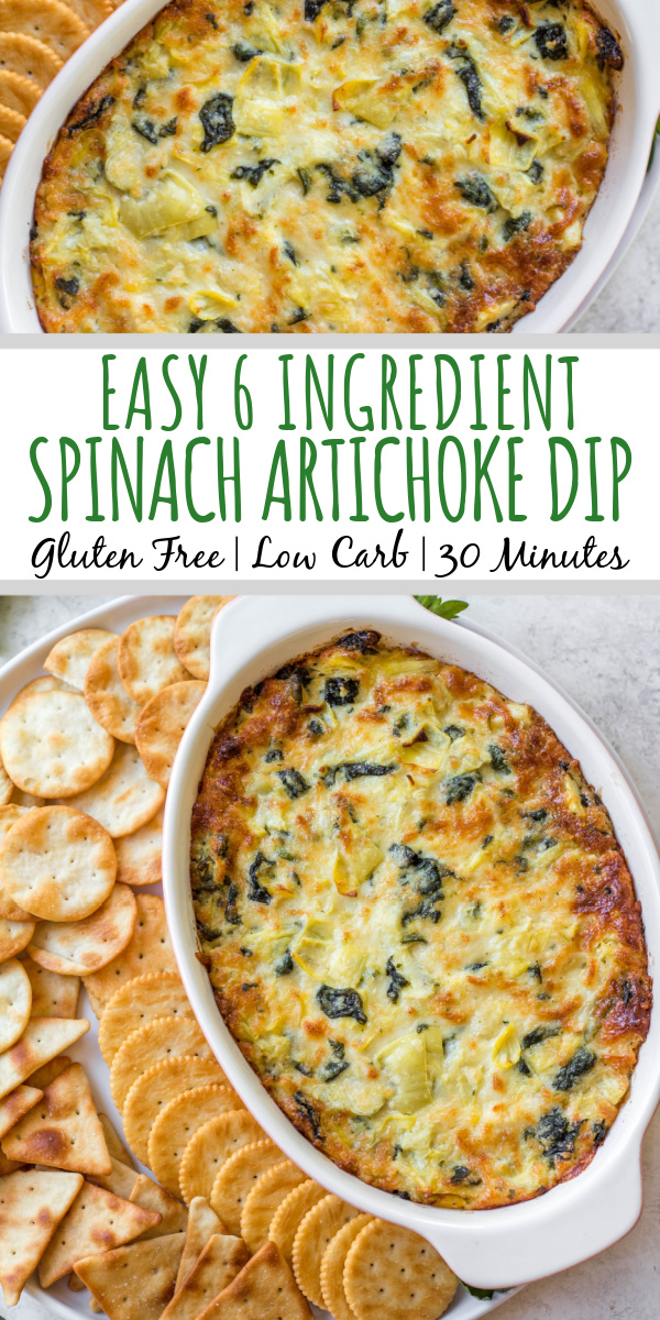 This easy spinach artichoke dip is perfectly rich and cheesy, full of delicious artichokes and spinach and is always a hit with any crowd at a party, holiday or gathering. It's an appetizer that takes very little hands on time, only 6 ingredients and baked in a half hour. This version is made with mayo for added creamy texture and keeps it gluten free, low carb and keto! #spinachartichokedip #holidayappetizer #lowcarbrecipes #lowcarbdip #spinachdip #artichokedip