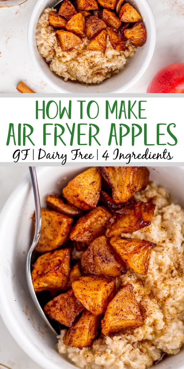 These air fryer apples are a simple and tasty treat. They are quick to make and only require four ingredients in total. Eat them on their own as a snack or dessert or use them as a filling for a pie or a topping for ice cream or oatmeal! #airfryerapples #glutenfreerecipes #dairyfreerecipes #glutenfreedairyfreerecipes #easyairfryerrecipes #apples #airfryerfruit