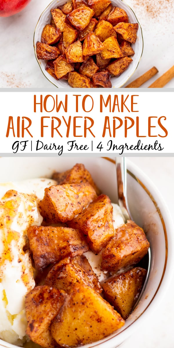 These air fryer apples are a simple and tasty treat. They are quick to make and only require four ingredients in total. Eat them on their own as a snack or dessert or use them as a filling for a pie or a topping for ice cream or oatmeal! #airfryerapples #glutenfreerecipes #dairyfreerecipes #glutenfreedairyfreerecipes #easyairfryerrecipes #apples #airfryerfruit
