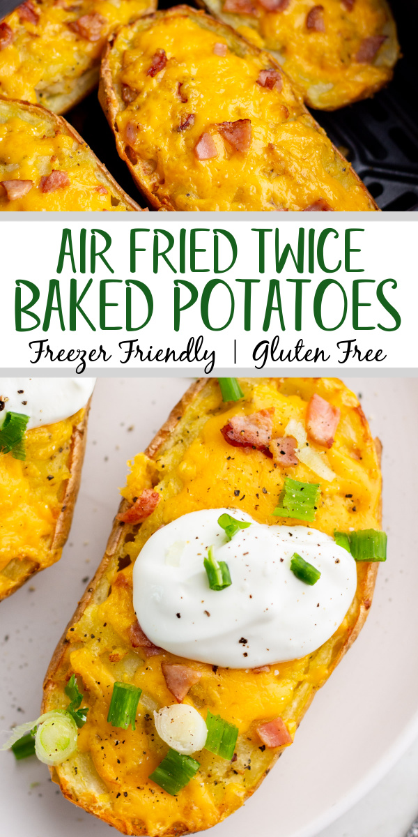 Twice baked potatoes have been made even better with the invention of the air fryer. This recipe uses very few ingredients that you most likely already have on hand and makes the perfect amount for a family dinner or for an easy meal prep. These air fryer twice baked potatoes are gluten free and can be made dairy free or meatless with a couple of simple substitutions. They are also easy to freeze and keep on hand for whenever the need arises. #glutenfreerecipes #dairyfreerecipes #glutenfreedairyfreerecipes #airfryer #airfryerpotatoes #airfryerpotatoes #easyairfryerrecipes