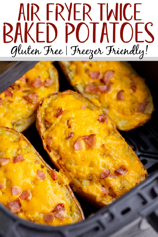 Twice baked potatoes have been made even better with the invention of the air fryer. This recipe uses very few ingredients that you most likely already have on hand and makes the perfect amount for a family dinner or for an easy meal prep. These air fryer twice baked potatoes are gluten free and can be made dairy free or meatless with a couple of simple substitutions. They are also easy to freeze and keep on hand for whenever the need arises. #glutenfreerecipes #dairyfreerecipes #glutenfreedairyfreerecipes #airfryer #airfryerpotatoes #airfryerpotatoes #easyairfryerrecipes