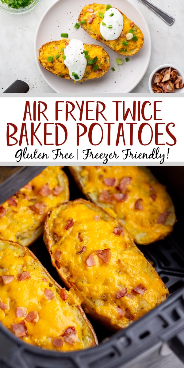 Twice baked potatoes have been made even better with the invention of the air fryer. This recipe uses very few ingredients that you most likely already have on hand and makes the perfect amount for a family dinner or for an easy meal prep. These air fryer twice baked potatoes are gluten free and can be made dairy free or meatless with a couple of simple substitutions. They are also easy to freeze and keep on hand for whenever the need arises. #glutenfreerecipes #dairyfreerecipes #glutenfreedairyfreerecipes #airfryer #airfryerpotatoes #airfryerpotatoes #easyairfryerrecipes