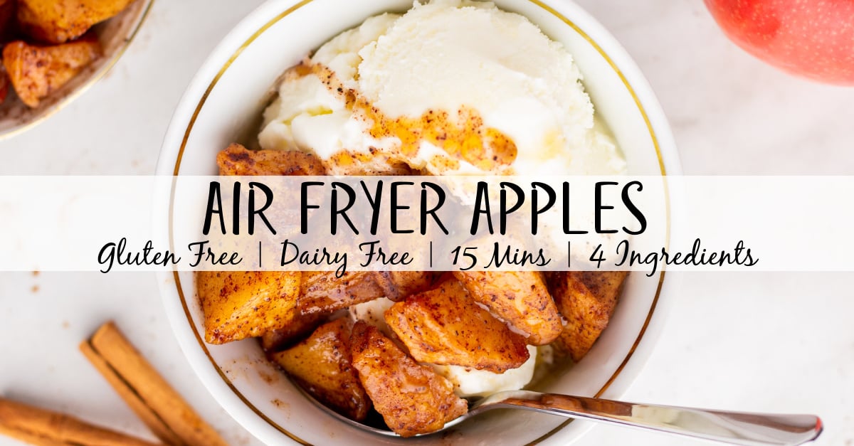 These air fryer apples are a simple and tasty treat. They are quick to make and only require four ingredients in total. Eat them on their own as a snack or dessert or use them as a filling for a pie or a topping for ice cream or oatmeal! #airfryerapples #glutenfreerecipes #dairyfreerecipes #glutenfreedairyfreerecipes #easyairfryerrecipes #apples #airfryerfruit