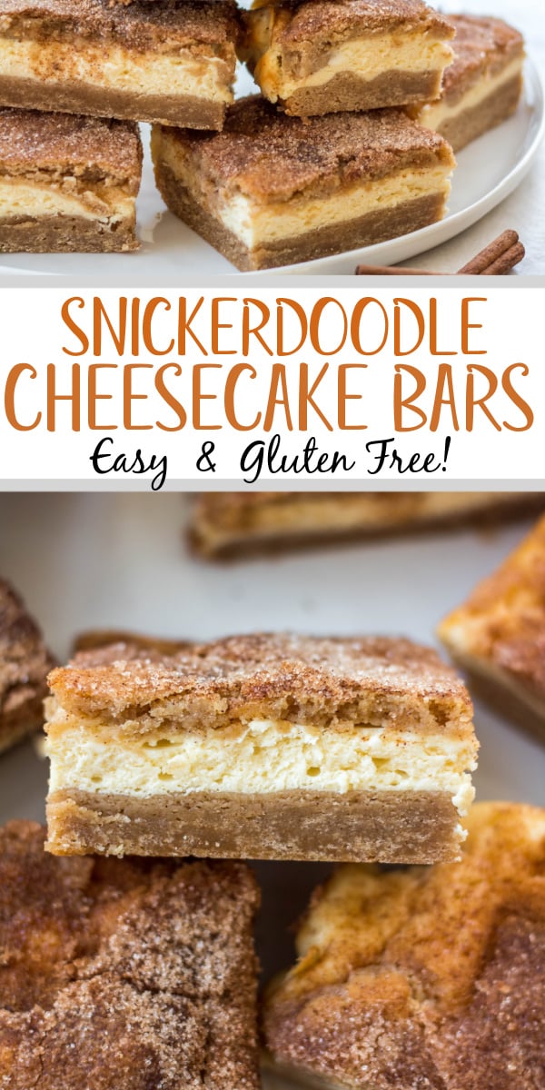 These snickerdoodle cheesecake bars are so easy to make that they are sure to be a staple in your holiday baking rotation or on the table for any holiday party! They're gluten free so everyone can enjoy, and take under an hour to prepare and bake. With three simple, delicious layers, the flavors from the cinnamon snickerdoodle crust pair perfectly with the creamy cheesecake! #snickerdoodlecheesecake #glutenfreecheesecake #cheesecakebars