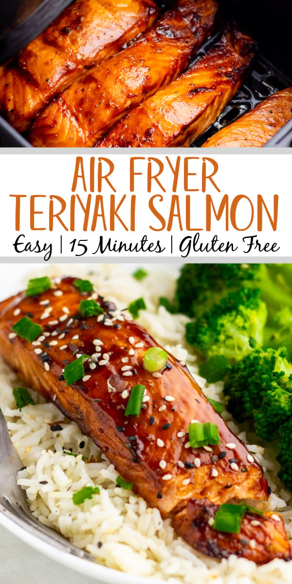 Air fryer teriyaki salmon is a quick and easy weeknight dinner that can be made gluten free, dairy free and paleo, and is done in under 20 minutes. It's a versatile recipe thanks to a simple homemade teriyaki sauce that pairs well with almost anything. Salmon is a go-to protein with it's fast cook time and this recipe is sure to go on your regular family-friendly recipe rotation! #airfryersalmon #airfriedsalmon #teriyakisalmon