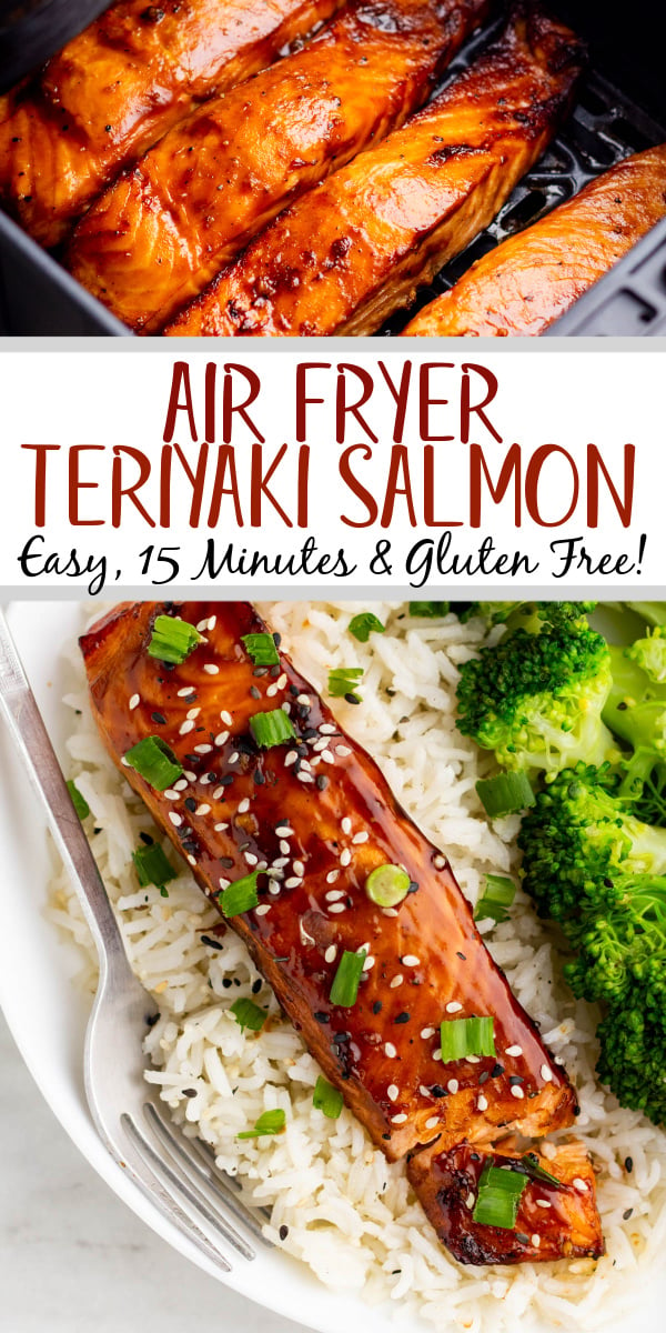 Air fryer teriyaki salmon is a quick and easy weeknight dinner that can be made gluten free, dairy free and paleo, and is done in under 20 minutes. It's a versatile recipe thanks to a simple homemade teriyaki sauce that pairs well with almost anything. Salmon is a go-to protein with it's fast cook time and this recipe is sure to go on your regular family-friendly recipe rotation! #airfryersalmon #airfriedsalmon #teriyakisalmon