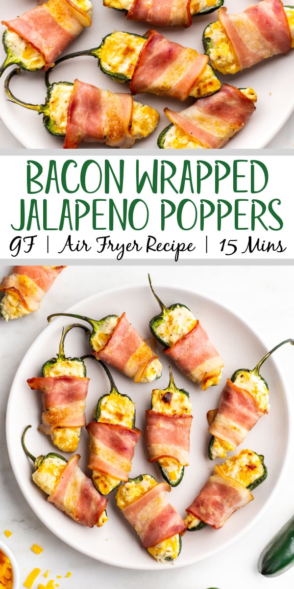 Jalapeño poppers are a fan favorite for just about any gathering or game days. This recipe is an easy option that is gluten free and ready in 15 minutes. These bacon wrapped jalapeño poppers are done in the air fryer and have all the flavors you want in a popper, can be customized depending on your spice preferences, and are super easy to double or tripe a batch and freeze for later. #easyairfryerrecipes #glutenfreerecipes #jalapenopoppers #airfryerappetizers #appetizers #baconwrappedpoppers