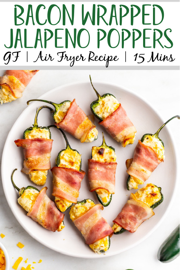 Jalapeño poppers are a fan favorite for just about any gathering or game days. This recipe is an easy option that is gluten free and ready in 15 minutes. These bacon wrapped jalapeño poppers are done in the air fryer and have all the flavors you want in a popper, can be customized depending on your spice preferences, and are super easy to double or tripe a batch and freeze for later. #easyairfryerrecipes #glutenfreerecipes #jalapenopoppers #airfryerappetizers #appetizers #baconwrappedpoppers