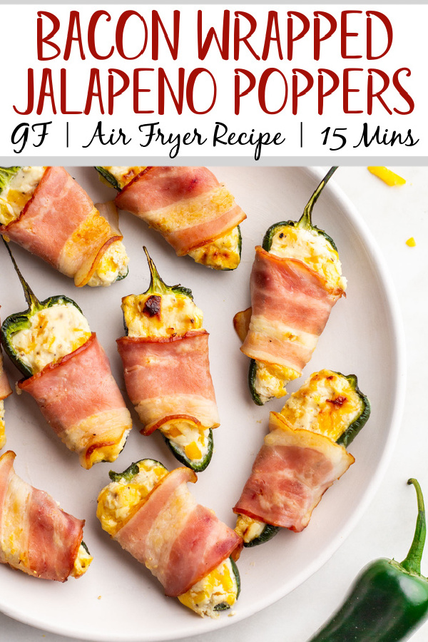 Jalapeño poppers are a fan favorite for just about any gathering or game days. This recipe is an easy option that is gluten free and ready in 15 minutes. These bacon wrapped jalapeño poppers are done in the air fryer and have all the flavors you want in a popper, can be customized depending on your spice preferences, and are super easy to double or tripe a batch and freeze for later. #easyairfryerrecipes #glutenfreerecipes #jalapenopoppers #airfryerappetizers #appetizers #baconwrappedpoppers