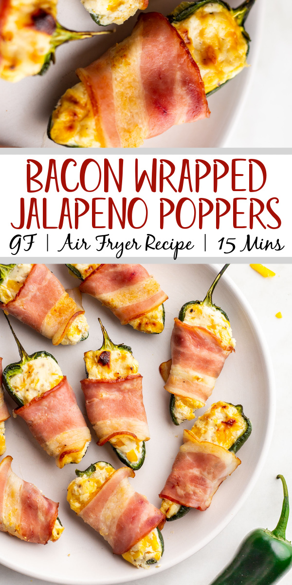 Jalapeño poppers are a fan favorite for just about any gathering or game days. This recipe is an easy option that is gluten free and ready in 15 minutes. These bacon wrapped jalapeño poppers are done in the air fryer and have all the flavors you want in a popper, can be customized depending on your spice preferences, and are super easy to double or tripe a batch and freeze for later. #easyairfryerrecipes #glutenfreerecipes #jalapenopoppers #airfryerappetizers #appetizers #baconwrappedpoppers