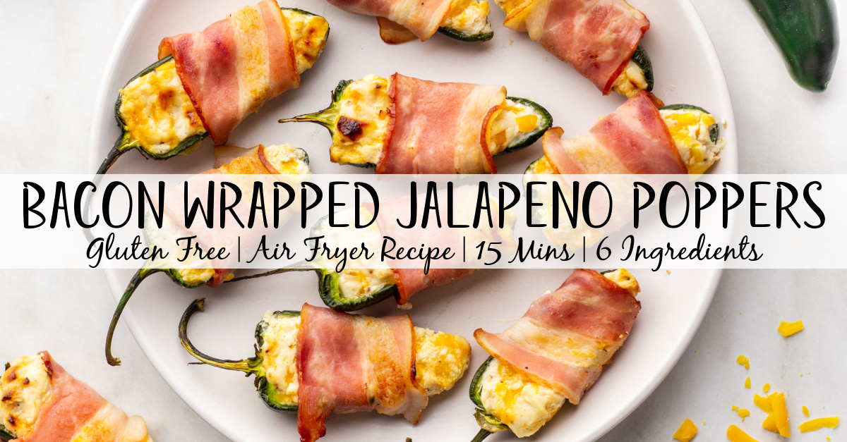 Jalapeño poppers are a fan favorite for just about any gathering or game days. This recipe is an easy option that is gluten free and ready in 15 minutes. These bacon wrapped jalapeño poppers are done in the air fryer and have all the flavors you want in a popper, can be customized depending on your spice preferences, and are super easy to double or tripe a batch and freeze for later. #easyairfryerrecipes #glutenfreerecipes #jalapenopoppers #airfryerappetizers #appetizers #baconwrappedpoppers