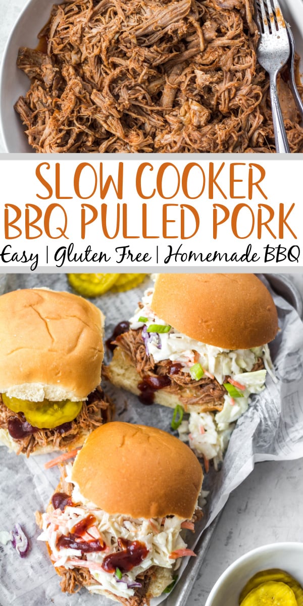 This slow cooker BBQ pulled pork recipe is so easy to prepare, cooks hands-free in the crockpot and is finished with a simple homemade BBQ sauce. This recipe relies heavily on pantry staples which makes it a great weeknight or meal prep recipe to add to your menu. It's also gluten-free and dairy-free and can easily be made paleo and Whole30. #slowcookerbbqpork #bbqpulledpork #whole30slowcooker #glutenfreeslowcooker