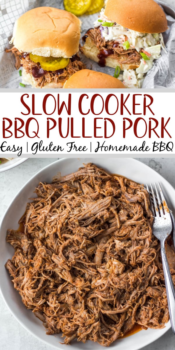 This slow cooker BBQ pulled pork recipe is so easy to prepare, cooks hands-free in the crockpot and is finished with a simple homemade BBQ sauce. This recipe relies heavily on pantry staples which makes it a great weeknight or meal prep recipe to add to your menu. It's also gluten-free and dairy-free and can easily be made paleo and Whole30. #slowcookerbbqpork #bbqpulledpork #whole30slowcooker #glutenfreeslowcooker