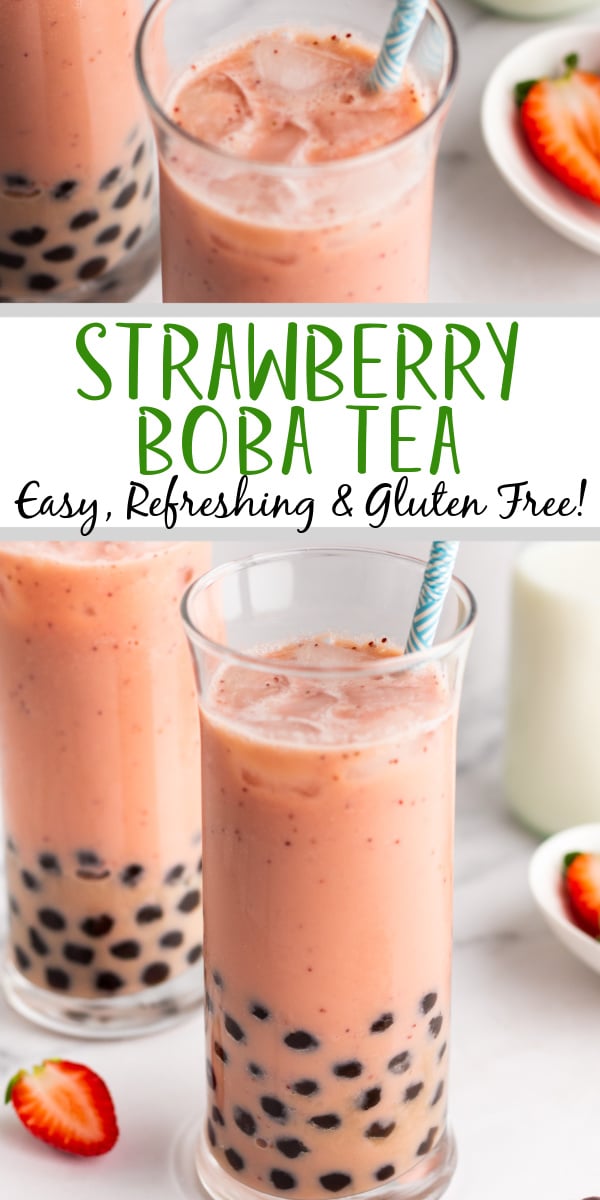 Strawberry boba tea is the perfect treat for the afternoon or anytime really. This recipe uses five ingredients, is naturally gluten free, and takes very little time to complete. Bubble tea is nearly everywhere and has been becoming more popular in the United States, as well. Save some money by making your own boba tea at home! #glutenfreerecipes #bubbletea #bobatea #easydrinkrecipes #strawberrytea