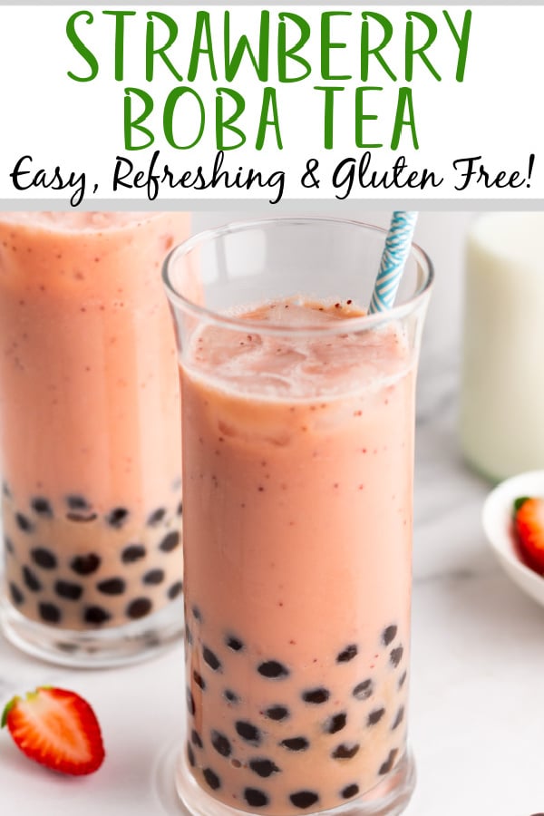 Strawberry boba tea is the perfect treat for the afternoon or anytime really. This recipe uses five ingredients, is naturally gluten free, and takes very little time to complete. Bubble tea is nearly everywhere and has been becoming more popular in the United States, as well. Save some money by making your own boba tea at home! #glutenfreerecipes #bubbletea #bobatea #easydrinkrecipes #strawberrytea