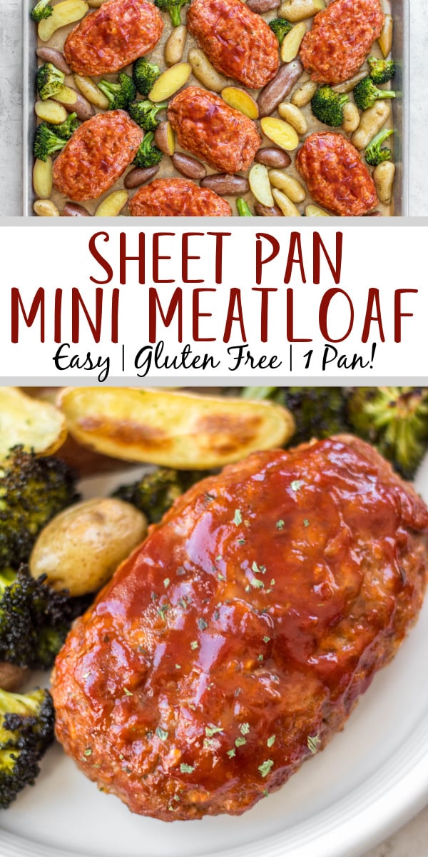 Meatloaf is always a foolproof dinner when you need something both easy and filling. This sheet pan mini meatloaf recipe takes easy to the next level by cooking your vegetable side and meatloaf all on one pan at the same time. The simple and flavorful ketchup topping is the perfect compliment to this tender, melt-in-your-mouth meatloaf. #minimeatloaf #sheetpandinner #glutenfreemeatloaf #sheetpanmeatloaf