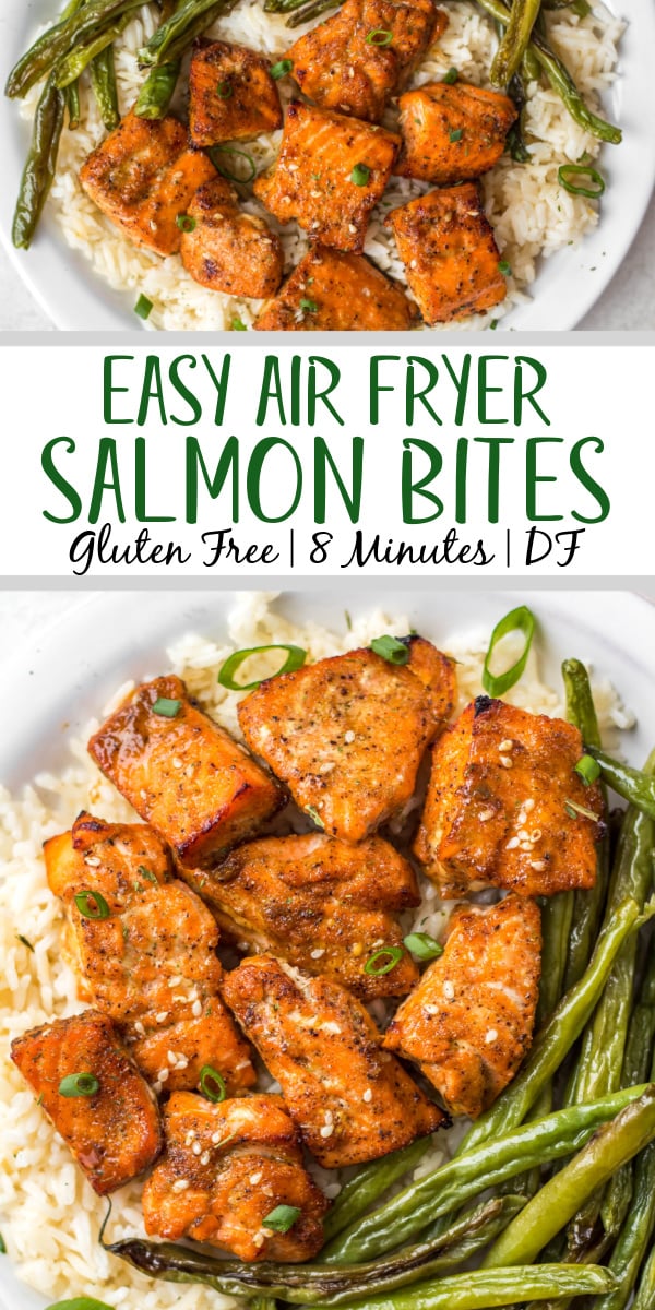These air fryer salmon bites are so easy and fast to make! Done in under 10 minutes, with simple ingredients and full of flavor, these salmon bites in the air fryer are perfect for a quick weeknight dinner or lunch meal prep. They're gluten-free, dairy-free and just absolutely delicious! #airfryersalmonbites #airfryersalmon #salmonbites