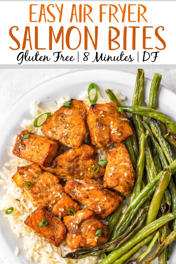 These air fryer salmon bites are so easy and fast to make! Done in under 10 minutes, with simple ingredients and full of flavor, these salmon bites in the air fryer are perfect for a quick weeknight dinner or lunch meal prep. They're gluten-free, dairy-free and just absolutely delicious! #airfryersalmonbites #airfryersalmon #salmonbites