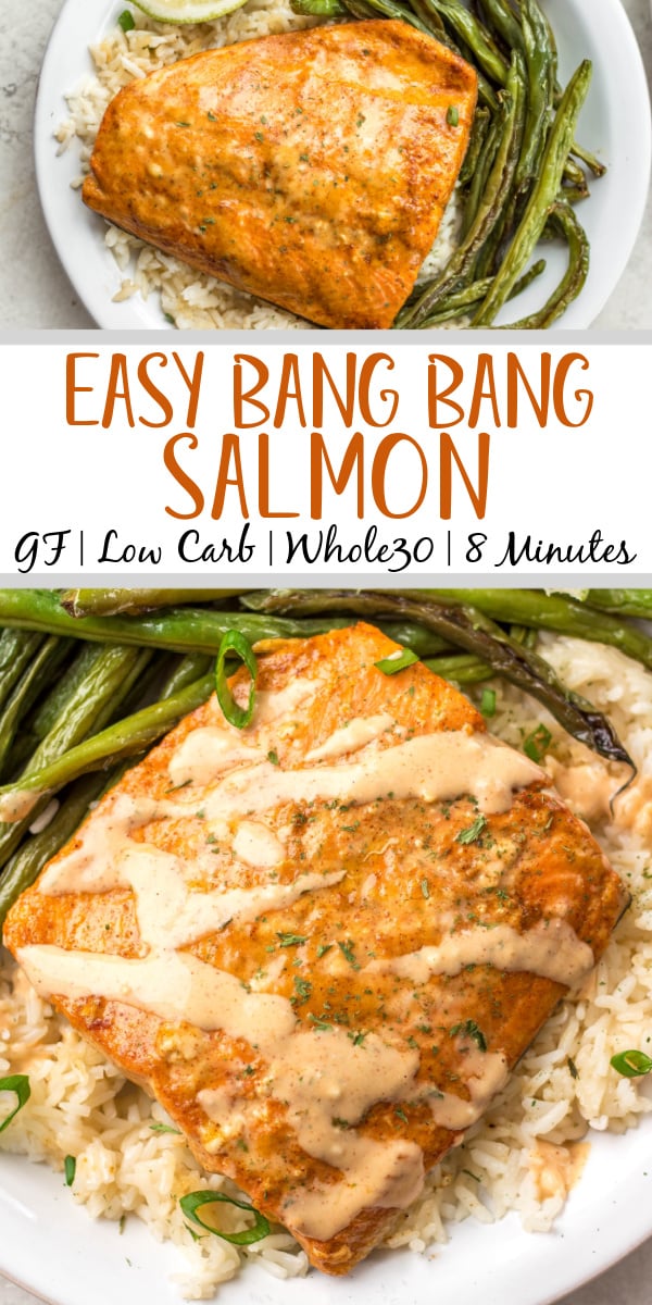 Bang Bang salmon with homemade Bang Bang sauce is both dairy free and gluten free. It takes about 10 minutes to cook and uses only a few easy ingredients. Made in the oven on a sheet pan, it's a breeze for cleanup and makes for an easy win for meal prep or dinner anytime. #homemadebangbangsauce #glutenfreesalmon #diaryfreesalmon #salmonrecipes #10minutemeals #bangbangsalmon