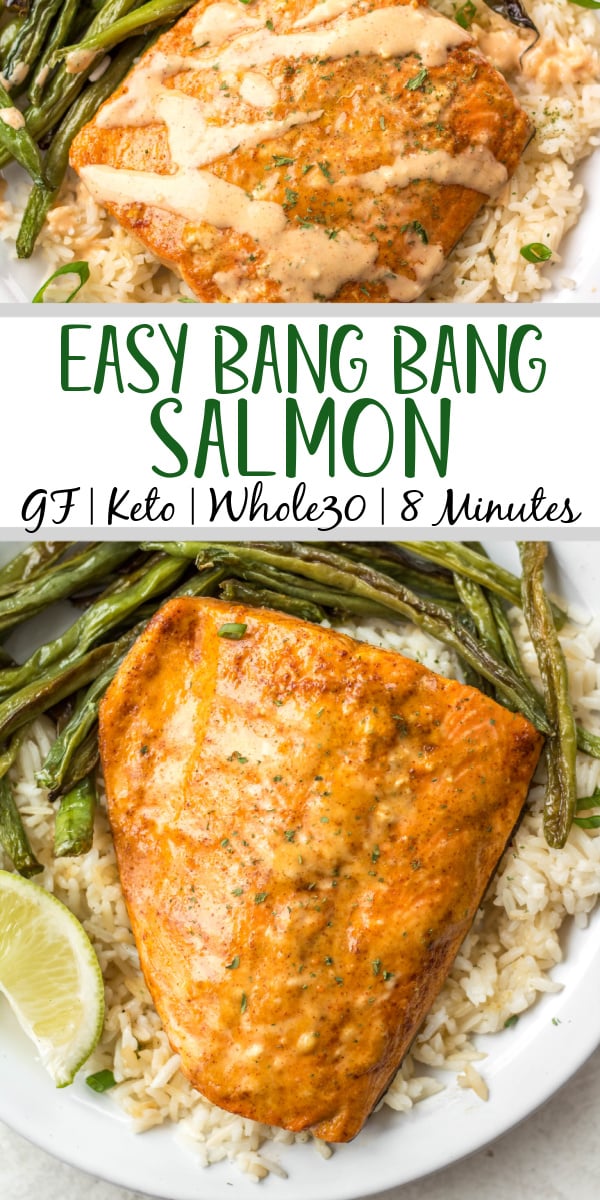Bang Bang salmon with homemade Bang Bang sauce is both dairy free and gluten free. It takes about 10 minutes to cook and uses only a few easy ingredients. Made in the oven on a sheet pan, it's a breeze for cleanup and makes for an easy win for meal prep or dinner anytime. #homemadebangbangsauce #glutenfreesalmon #diaryfreesalmon #salmonrecipes #10minutemeals #bangbangsalmon