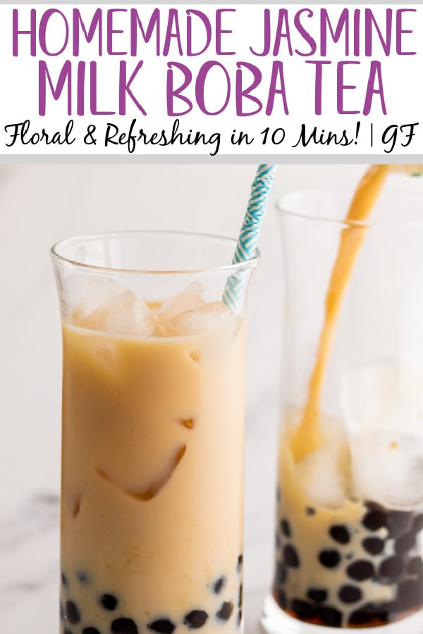 Jasmine milk boba tea is a refreshing drink that is naturally gluten free and takes only ten minutes from start to finish. It both looks great and is simple to make. The touch of sweetness from the boba (tapioca pearls) combine with the milk and floral notes of the jasmine tea make it a perfect drink for an afternoon treat or anytime. #boba #tapiocapearls #bubbletea #glutenfreerecipes #easydrinkrecipes #jasminetea #bobatea