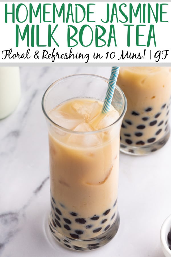 Jasmine milk boba tea is a refreshing drink that is naturally gluten free and takes only ten minutes from start to finish. It both looks great and is simple to make. The touch of sweetness from the boba (tapioca pearls) combine with the milk and floral notes of the jasmine tea make it a perfect drink for an afternoon treat or anytime. #boba #tapiocapearls #bubbletea #glutenfreerecipes #easydrinkrecipes #jasminetea #bobatea