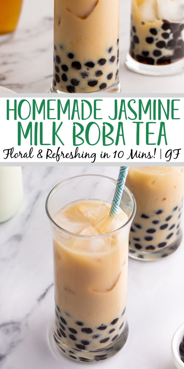 Jasmine milk boba tea is a refreshing drink that is naturally gluten free and takes only ten minutes from start to finish. It both looks great and is simple to make. The touch of sweetness from the boba (tapioca pearls) combine with the milk and floral notes of the jasmine tea make it a perfect drink for an afternoon treat or anytime. #boba #tapiocapearls #bubbletea #glutenfreerecipes #easydrinkrecipes #jasminetea #bobatea