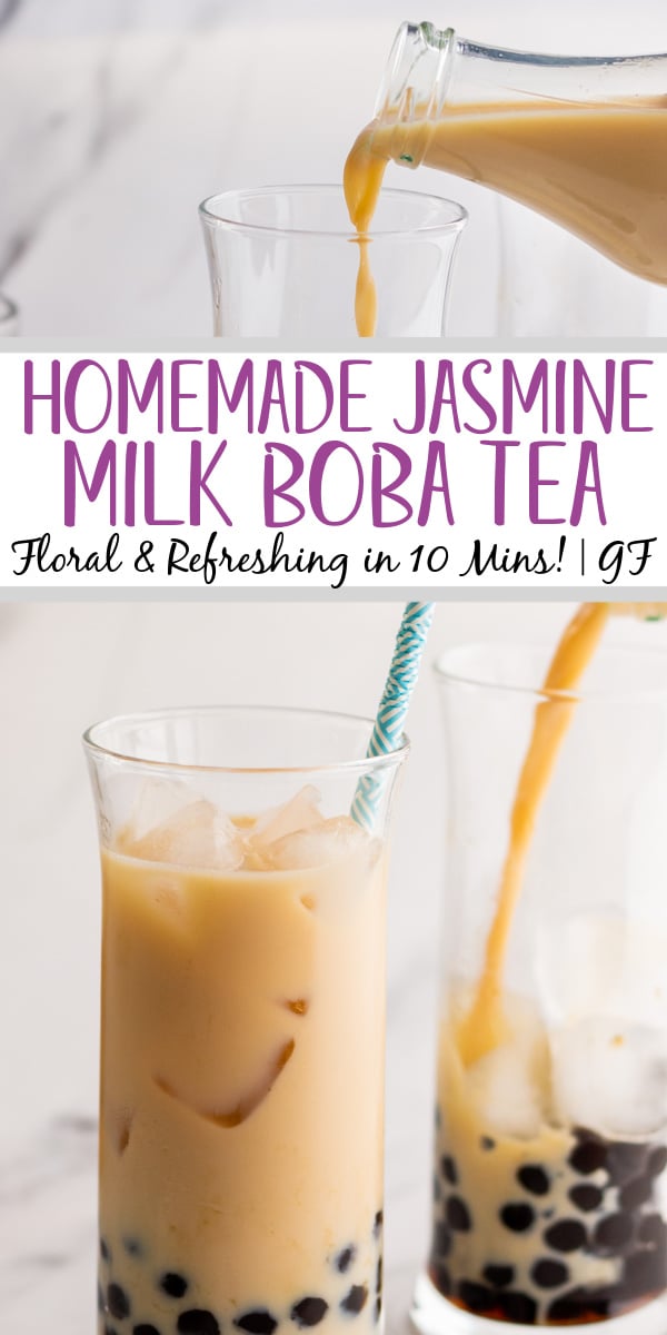 Jasmine milk boba tea is a refreshing drink that is naturally gluten free and takes only ten minutes from start to finish. It both looks great and is simple to make. The touch of sweetness from the boba (tapioca pearls) combine with the milk and floral notes of the jasmine tea make it a perfect drink for an afternoon treat or anytime. #boba #tapiocapearls #bubbletea #glutenfreerecipes #easydrinkrecipes #jasminetea #bobatea