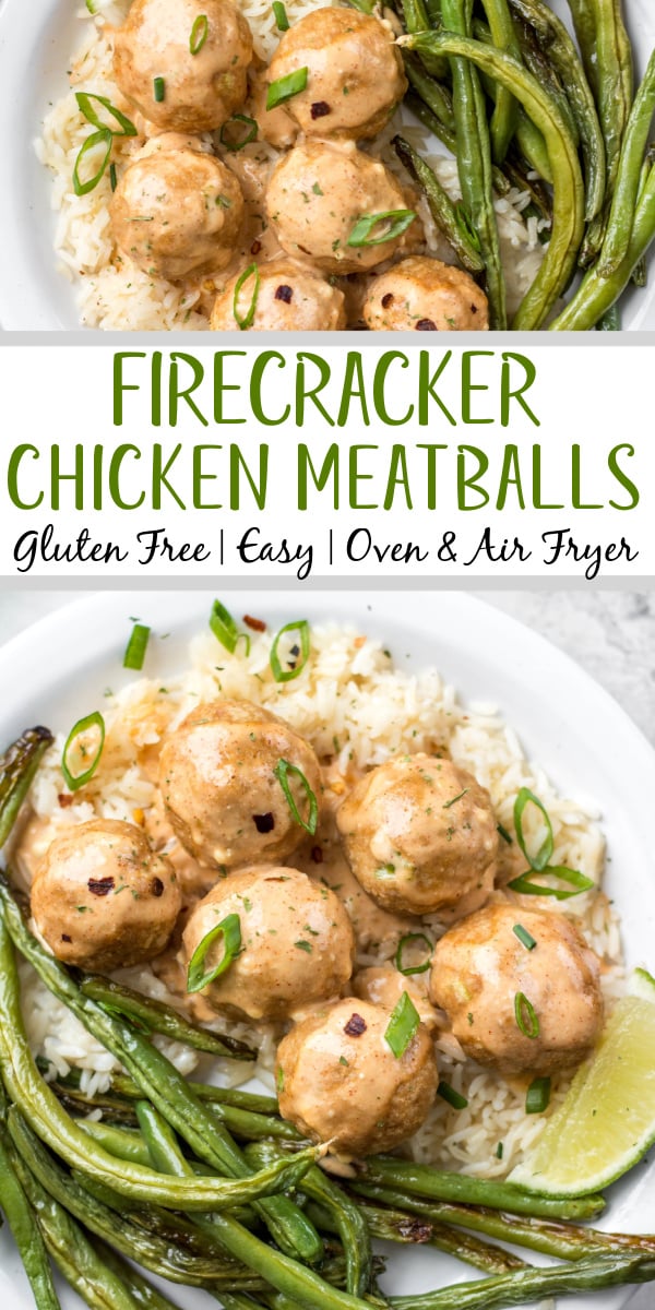 These easy firecracker meatballs are a quick family friendly recipe to prepare for a weeknight dinner. They make a great meal prep recipe and have both oven and air fryer instructions. Done in under 20 minutes, made with ground chicken and a sweet but spicy firecracker sauce, these meatballs will be on your meal plan again and again! Plus they are gluten-free, low carb and can easily be made dairy-free! #firecrackermeatballs #chickenmeatballs