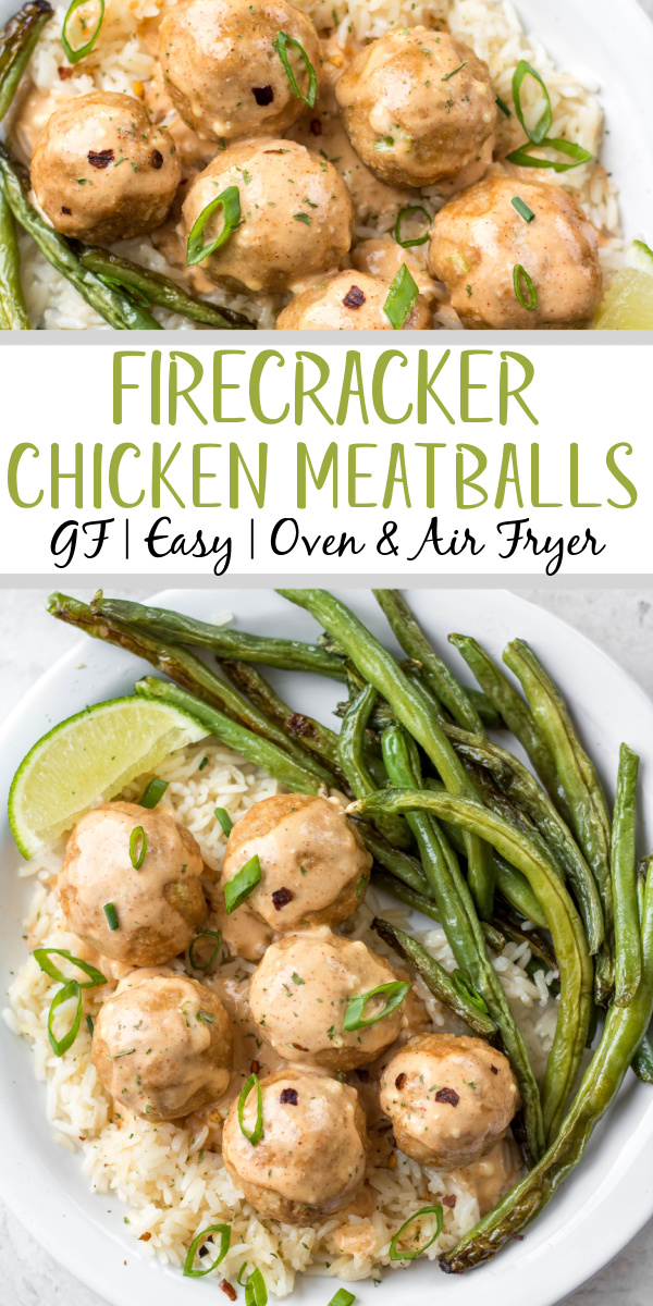 These easy firecracker meatballs are a quick family friendly recipe to prepare for a weeknight dinner. They make a great meal prep recipe and have both oven and air fryer instructions. Done in under 20 minutes, made with ground chicken and a sweet but spicy firecracker sauce, these meatballs will be on your meal plan again and again! Plus they are gluten-free, low carb and can easily be made dairy-free! #firecrackermeatballs #chickenmeatballs