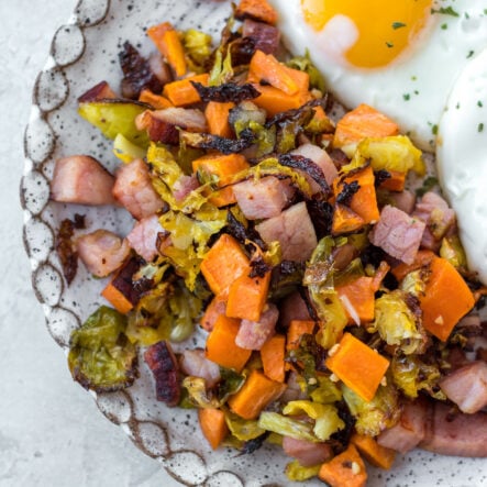 Simple Sheet Pan Ham, Brussels, and Sweet Potatoes