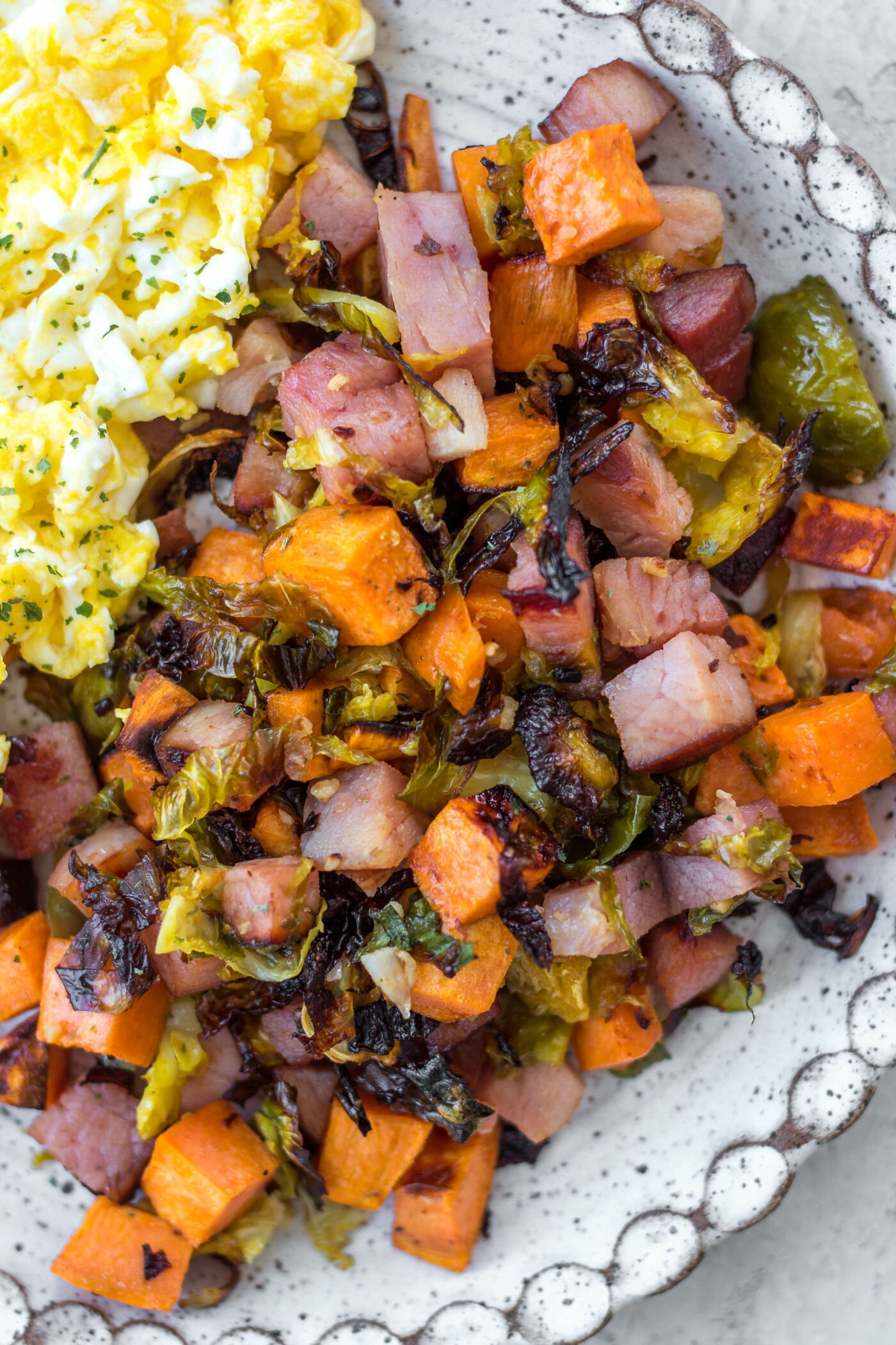 Simple Sheet Pan Ham, Brussels, and Sweet Potatoes Whole Kitchen Sink