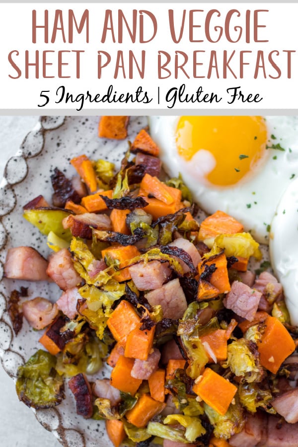 This ham and sweet potato sheet pan meal is the perfect use for any leftover ham you may have around, especially after a holiday! It only uses six total ingredients to make a delicious gluten free breakfast recipe or even meal prep for the week ahead. The crispy brussels sprouts and sweet potatoes combine with the ham to check all the flavor boxes with very little effort! #leftoverham #hamrecipes #hambreakfast #sheetpan