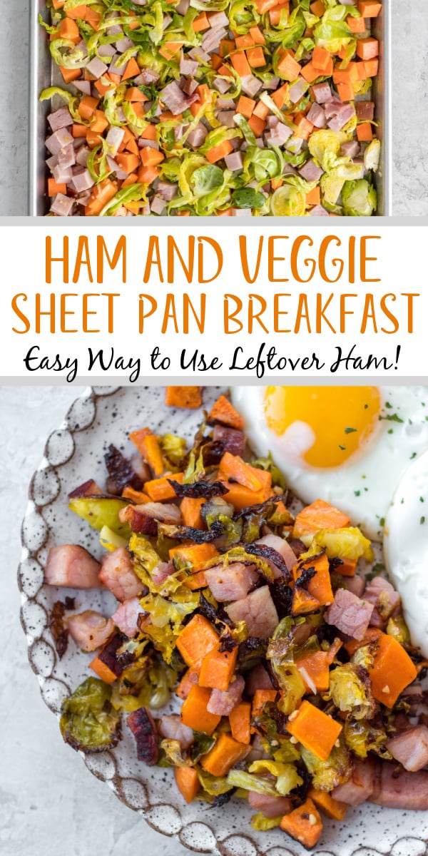 This ham and sweet potato sheet pan meal is the perfect use for any leftover ham you may have around, especially after a holiday! It only uses six total ingredients to make a delicious gluten free breakfast recipe or even meal prep for the week ahead. The crispy brussels sprouts and sweet potatoes combine with the ham to check all the flavor boxes with very little effort! #leftoverham #hamrecipes #hambreakfast #sheetpan