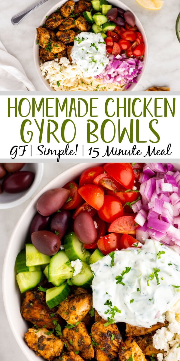 A chicken gyro bowl is among the easiest meals you can make. The marinated chicken and the flavors of the diced cucumbers and Kalamata olives are enhanced with the homemade tzatziki sauce for a fresh and customizable meal. Clocking in at 10 minutes to cook the chicken plus assembly its a super fast recipe as well. Gyro bowls are the perfect option for a family meal and just as good to meal prep yourself to a tasty week ahead. #glutenfreerecipes #gyro #gyrobowl #easymealprep #mealpreprecipes #chickengyro