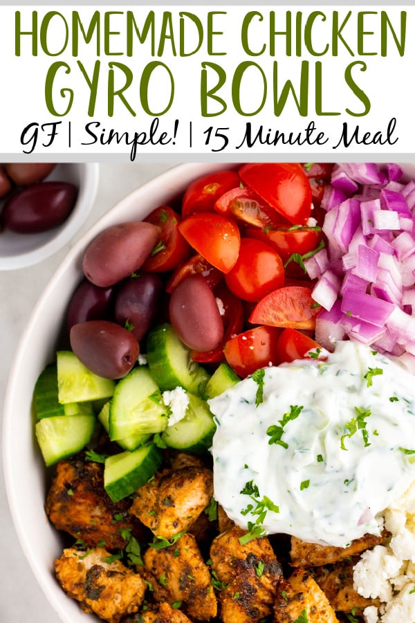 A chicken gyro bowl is among the easiest meals you can make. The marinated chicken and the flavors of the diced cucumbers and Kalamata olives are enhanced with the homemade tzatziki sauce for a fresh and customizable meal. Clocking in at 10 minutes to cook the chicken plus assembly its a super fast recipe as well. Gyro bowls are the perfect option for a family meal and just as good to meal prep yourself to a tasty week ahead. #glutenfreerecipes #gyro #gyrobowl #easymealprep #mealpreprecipes #chickengyro