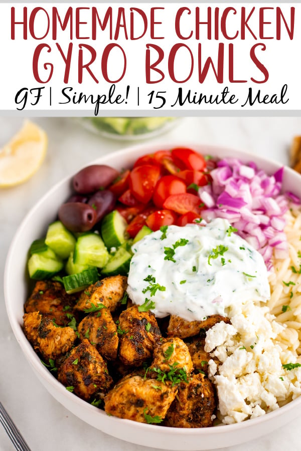 A chicken gyro bowl is among the easiest meals you can make. The marinated chicken and the flavors of the diced cucumbers and Kalamata olives are enhanced with the homemade tzatziki sauce for a fresh and customizable meal. Clocking in at 10 minutes to cook the chicken plus assembly its a super fast recipe as well. Gyro bowls are the perfect option for a family meal and just as good to meal prep yourself to a tasty week ahead. #glutenfreerecipes #gyro #gyrobowl #easymealprep #mealpreprecipes #chickengyro