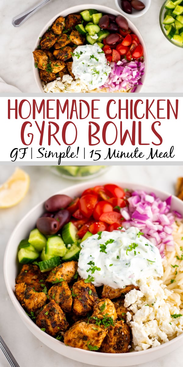 A chicken gyro bowl is among the easiest meals you can make. The marinated chicken and the flavors of the diced cucumbers and Kalamata olives are enhanced with the homemade tzatziki sauce for a fresh and customizable meal. Clocking in at 10 minutes to cook the chicken plus assembly its a super fast recipe as well. Gyro bowls are the perfect option for a family meal and just as good to meal prep yourself to a tasty week ahead. #glutenfreerecipes #gyro #gyrobowl #easymealprep #mealpreprecipes #chickengyro