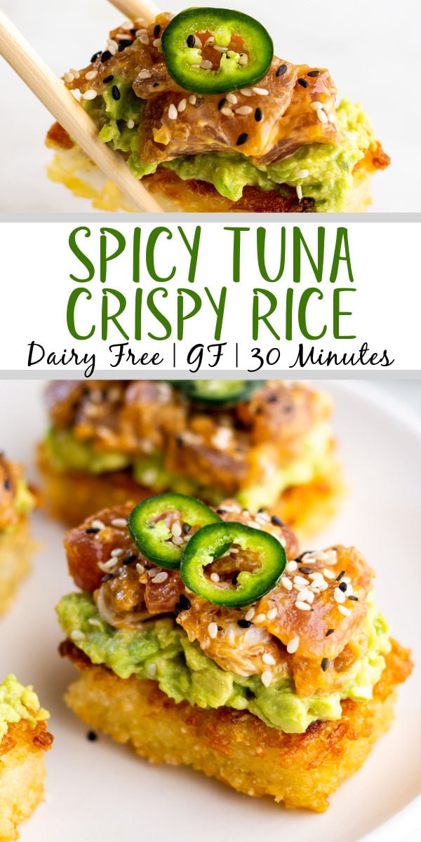 Spicy tuna crispy rice is a simple gluten free and dairy free appetizer for any occasion. You can have it ready in about twenty minutes and the recipe is easy to double or scale to your needs. It is an easy tuna recipe that needs only ten ingredients and can be easily customized to suit your taste. #30minuterecipes #spictytuna #glutenfreerecipes #tunarecipes #spicytunacrispyrice #ricerecipes