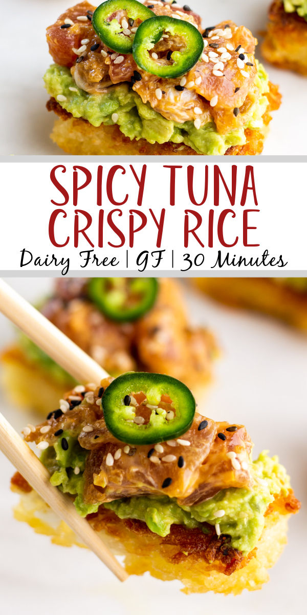 Spicy tuna crispy rice is a simple gluten free and dairy free appetizer for any occasion. You can have it ready in about twenty minutes and the recipe is easy to double or scale to your needs. It is an easy tuna recipe that needs only ten ingredients and can be easily customized to suit your taste. #30minuterecipes #spictytuna #glutenfreerecipes #tunarecipes #spicytunacrispyrice #ricerecipes