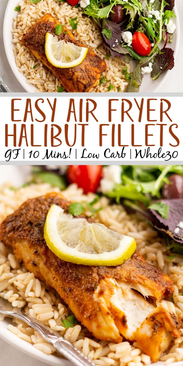 Air fryer halibut is easily a winning recipe. This recipe is gluten free, dairy free, low carb, and Whole30 compliant. It takes 10 minutes from start to finish using only a few pantry staples for ingredients. You can effortlessly scale the recipe to feed as many people as necessary or to meal prep for the week ahead. #airfryerhalibut #glutenfreefish #whitefishrecipes #fishmealprep #easymealprep #10minutemeals