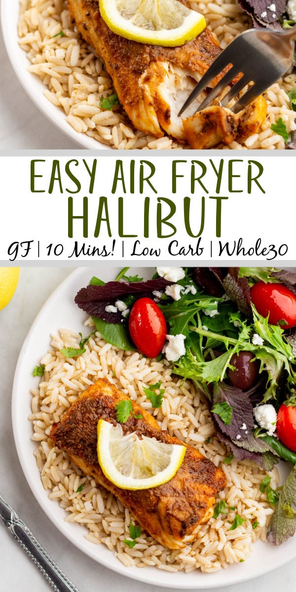 Air fryer halibut is easily a winning recipe. This recipe is gluten free, dairy free, low carb, and Whole30 compliant. It takes 10 minutes from start to finish using only a few pantry staples for ingredients. You can effortlessly scale the recipe to feed as many people as necessary or to meal prep for the week ahead. #airfryerhalibut #glutenfreefish #whitefishrecipes #fishmealprep #easymealprep #10minutemeals